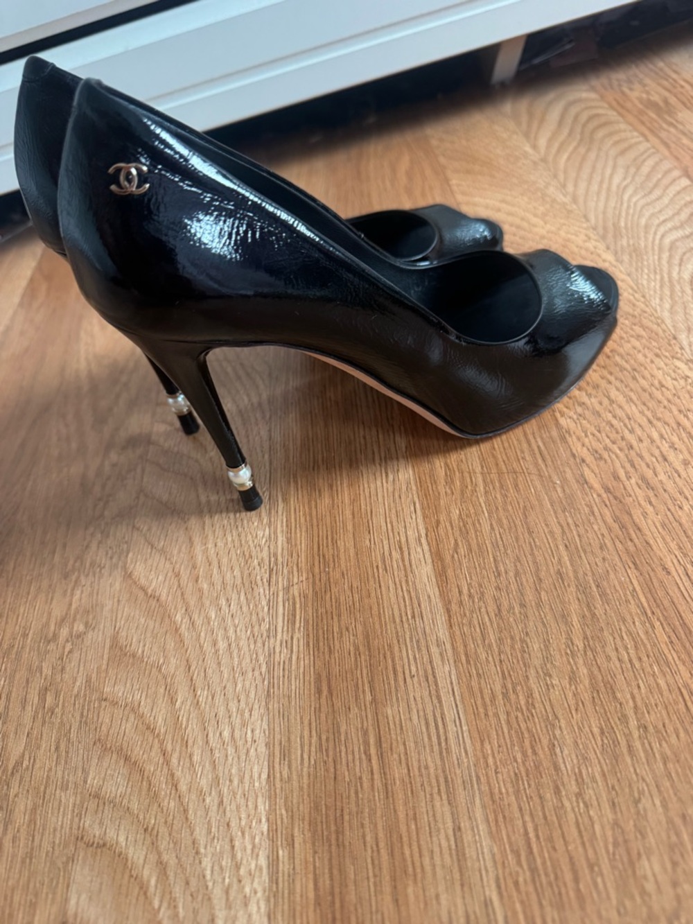 CHANEL Black Patent Leather Peep-Toe Heels - Picture 2 of 7